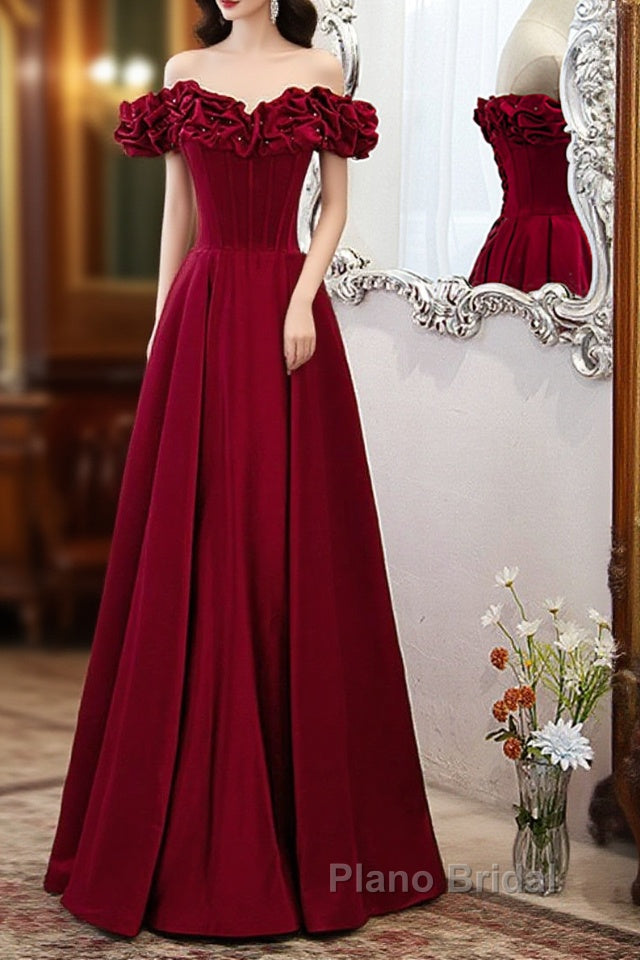 Wine Red Satin Off Shoulder Beaded Long Formal Dresses, Wine Red A-Line Formal Prom Dresses