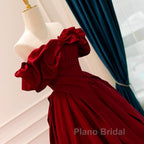 Wine Red Satin Off Shoulder Chic Long Party Dresses, Wine Red Sweetheart Formal Prom Dresses