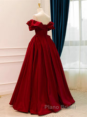 Wine Red Satin Off Shoulder Chic Long Party Dresses, Wine Red Sweetheart Formal Prom Dresses