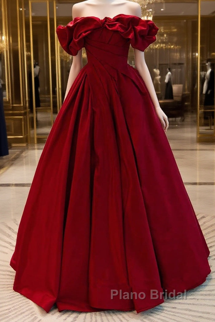 Wine Red Satin Off Shoulder Chic Long Party Dresses, Wine Red Sweetheart Formal Prom Dresses Main image