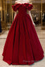 Wine Red Satin Off Shoulder Chic Long Party Dresses, Wine Red Sweetheart Formal Prom Dresses