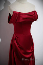 Wine Red Satin Off Shoulder Long Party Dresses, A-Line Satin Formal Prom Dresses