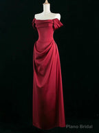 Wine Red Satin Off Shoulder Long Party Dress, Wine Red Satin Prom Dress