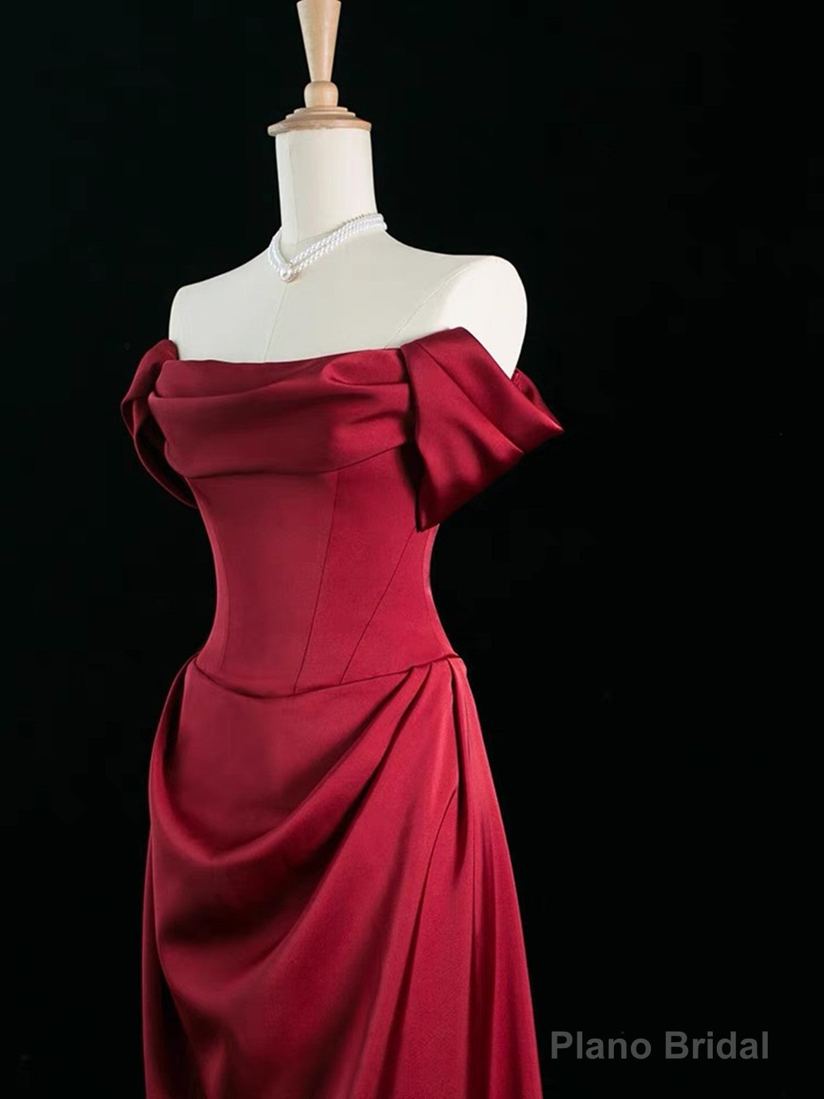 Wine Red Satin Off Shoulder Long Party Dress, Wine Red Satin Prom Dress