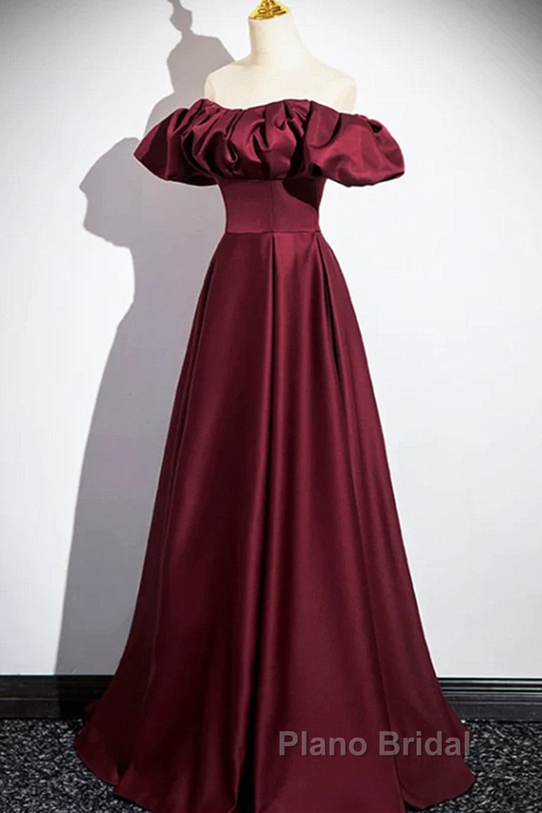 Wine Red Satin Off Shoulder Long Party Dresses, Wine Red Satin Formal Prom Dresses Secondary image