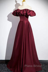 Wine Red Satin Off Shoulder Long Party Dresses, Wine Red Satin Formal Prom Dresses