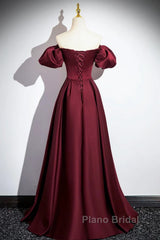 Wine Red Satin Off Shoulder Long Party Dresses, Wine Red Satin Formal Prom Dresses