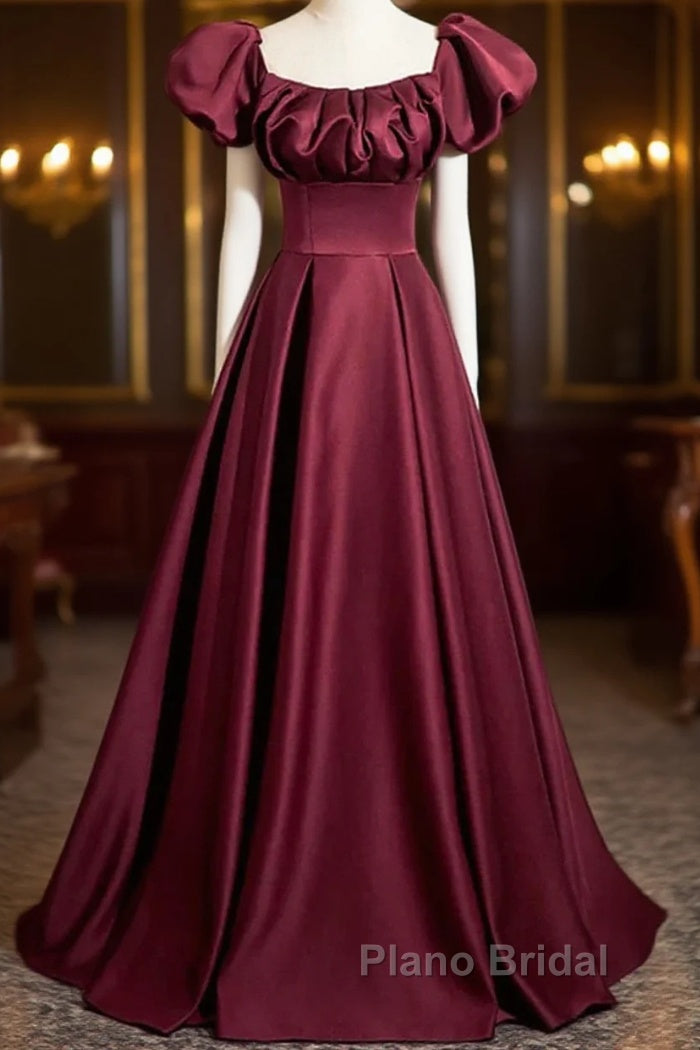 Wine Red Satin Off Shoulder Long Party Dresses, Wine Red Satin Formal Prom Dresses Main image