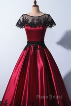 Wine Red Satin Round Neckline With Black Lace Party Dresses, Wine Red Formal Prom Dresses