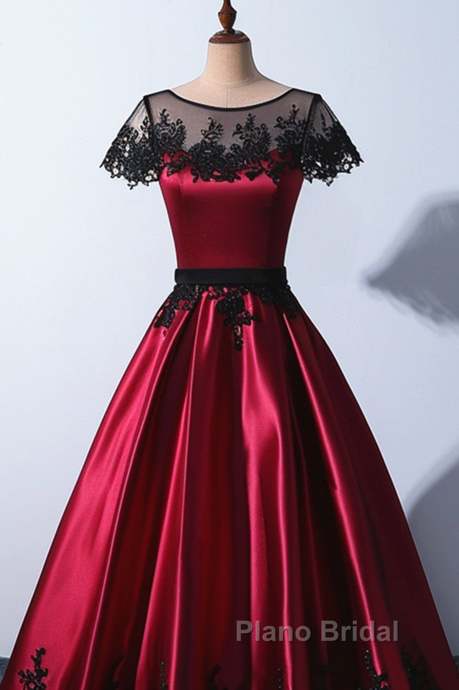 Wine Red Satin Round Neckline With Black Lace Party Dresses, Wine Red Formal Prom Dresses