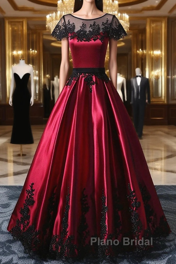 Wine Red Satin Round Neckline With Black Lace Party Dresses, Wine Red Formal Prom Dresses Main image