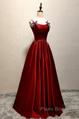 Wine Red Satin Straps Beaded Long Party Dresses, Wine Red A-Line Formal Prom Dresses