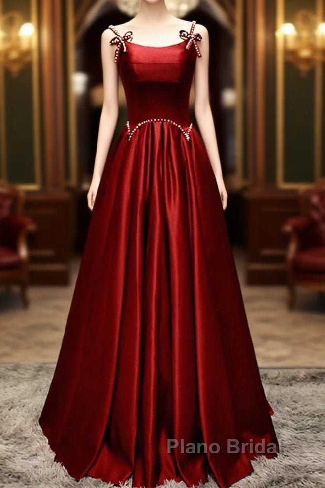 Wine Red Satin Straps Beaded Long Party Dresses, Wine Red A-Line Formal Prom Dresses Main image