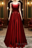 Wine Red Satin Straps Beaded Long Party Dresses, Wine Red A-Line Formal Prom Dresses