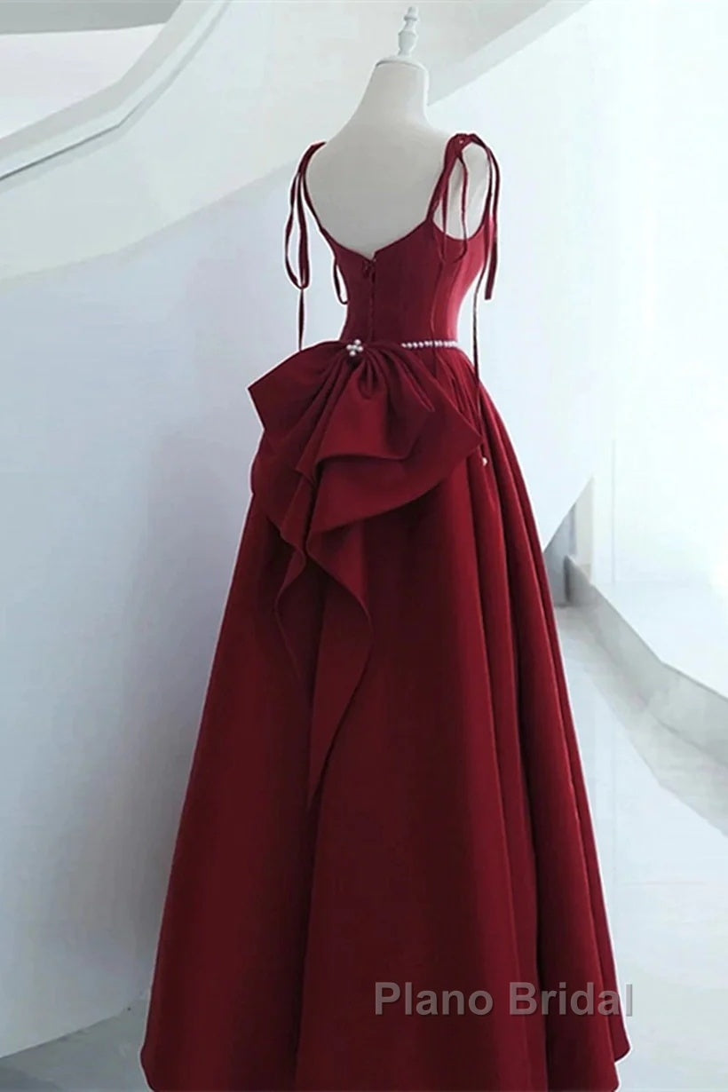 Wine Red Satin Straps Long Party Dresses, Wine Red Floor Length Formal Dresses Formal Prom Dresses