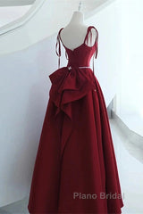 Wine Red Satin Straps Long Party Dresses, Wine Red Floor Length Formal Dresses Formal Prom Dresses