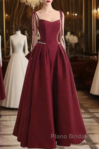 Wine Red Satin Straps Long Party Dresses, Wine Red Floor Length Formal Dresses Formal Prom Dresses