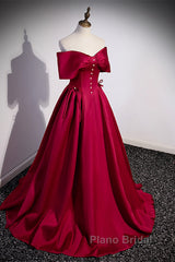 Wine Red Satin Sweetheart Long Evening Dresses, Wine Red Satin Formal Prom Dresses
