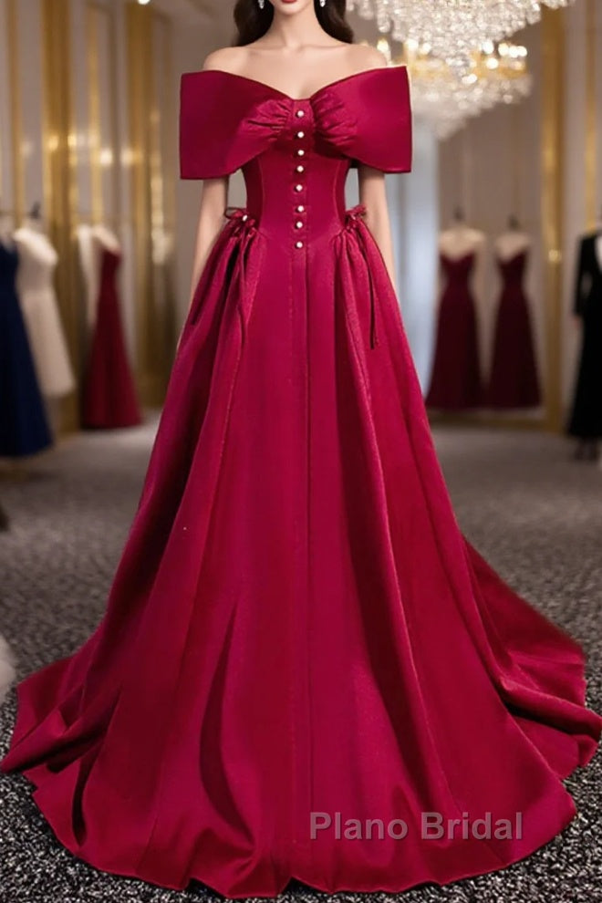 Wine Red Satin Sweetheart Long Evening Dresses, Wine Red Satin Formal Prom Dresses Main image