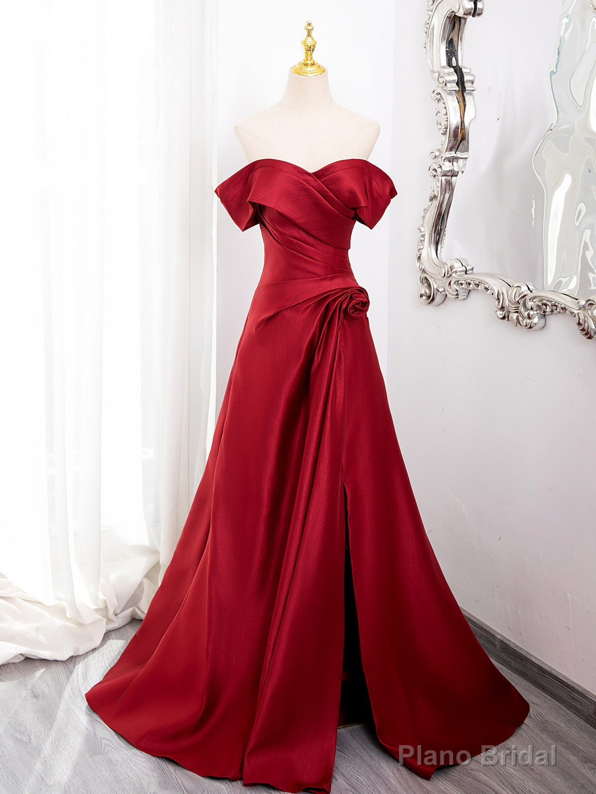 Wine Red Satin Sweetheart Off Shoulder Prom Dress, Wine Red Party Dress with Leg Slit Main image
