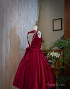 Wine Red Satin Tea Length Party Dress with Bow, Wine Red Wedding Party Dress
