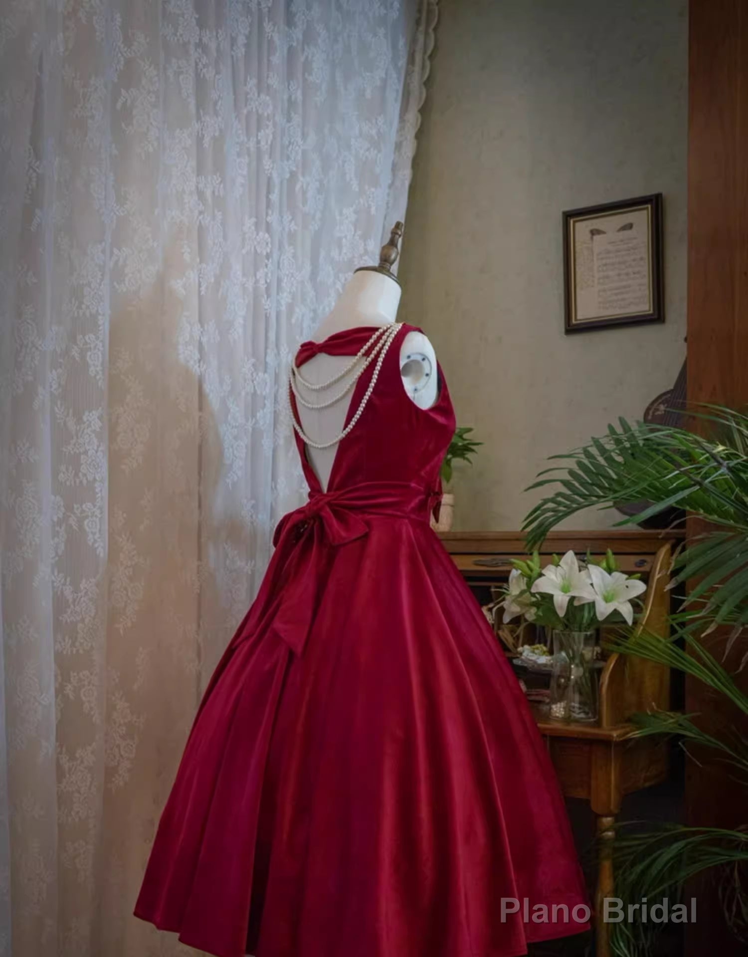 Wine Red Satin Tea Length Party Dress with Bow, Wine Red Wedding Party Dress