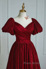 Wine Red Satin V-Neckline Short Sleeves Formal Prom Dresses, Wine Red Long Party Dresses
