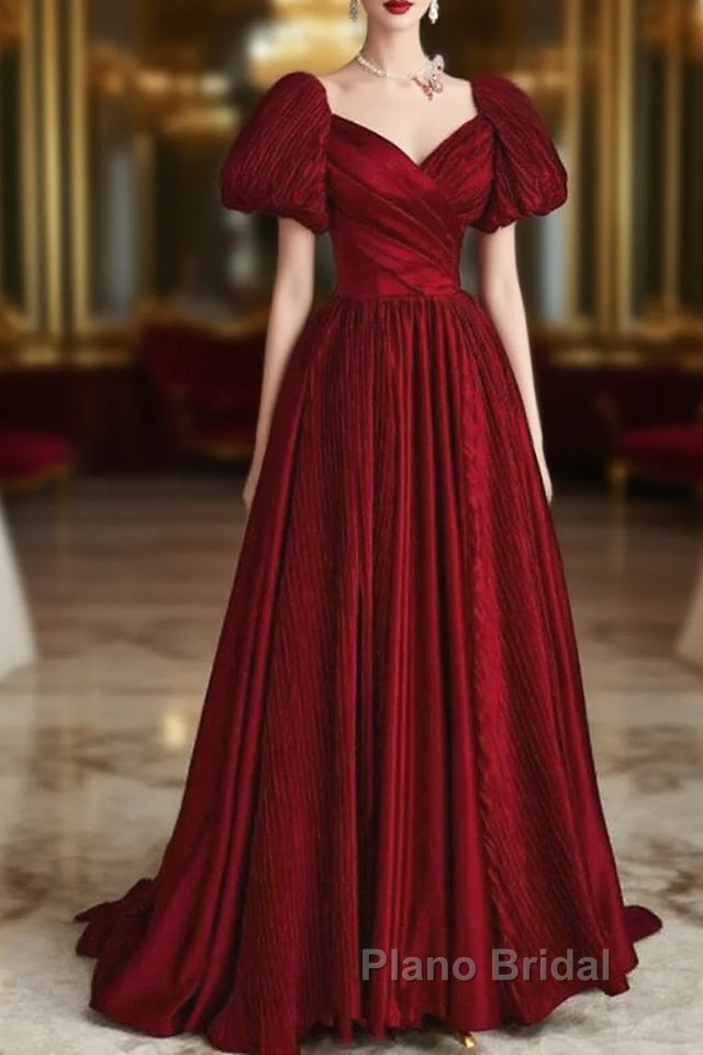 Wine Red Satin V-Neckline Short Sleeves Formal Prom Dresses, Wine Red Long Party Dresses Main image
