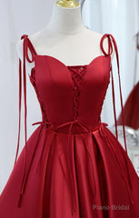 Wine Red Satin V-neckline Straps Beaded Short Prom Dress, Wine Red Party Dresses