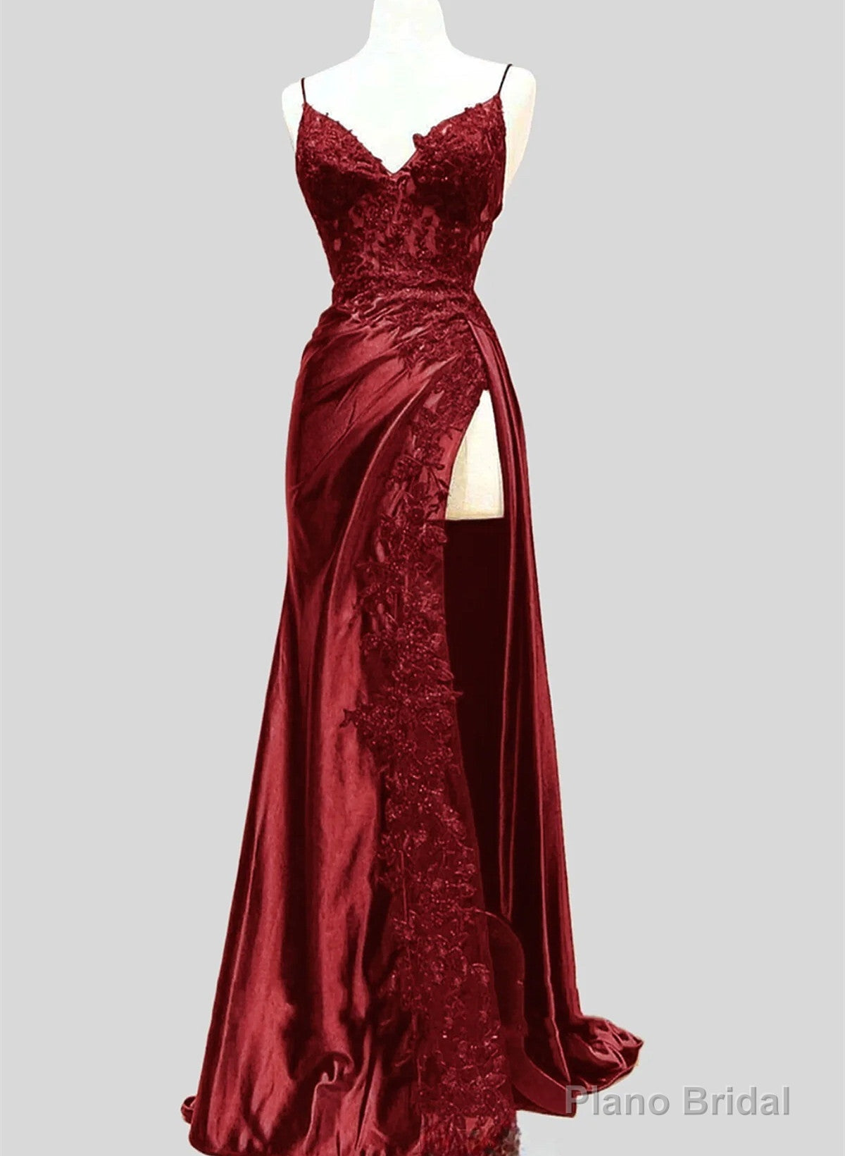 Wine Red Satin with Lace Formal Dress, Wine Red Evening Dress Prom Dress