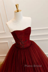 Wine Red Scoop Sweetheart Tulle Ball Gown Formal Prom Dresses, Wine Red Tulle Evening Dresses