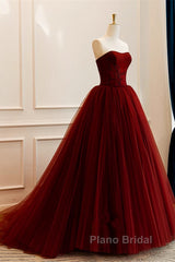 Wine Red Scoop Sweetheart Tulle Ball Gown Formal Prom Dresses, Wine Red Tulle Evening Dresses