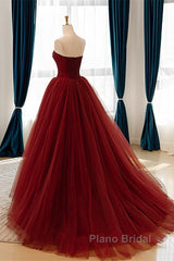 Wine Red Scoop Sweetheart Tulle Ball Gown Formal Prom Dresses, Wine Red Tulle Evening Dresses