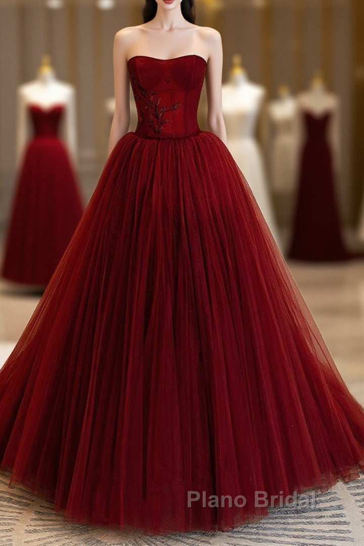 Wine Red Scoop Sweetheart Tulle Ball Gown Formal Prom Dresses, Wine Red Tulle Evening Dresses