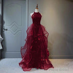 Wine Red Sequins and Tulle Halter Long Prom Dress, Wine Red Evening Dress