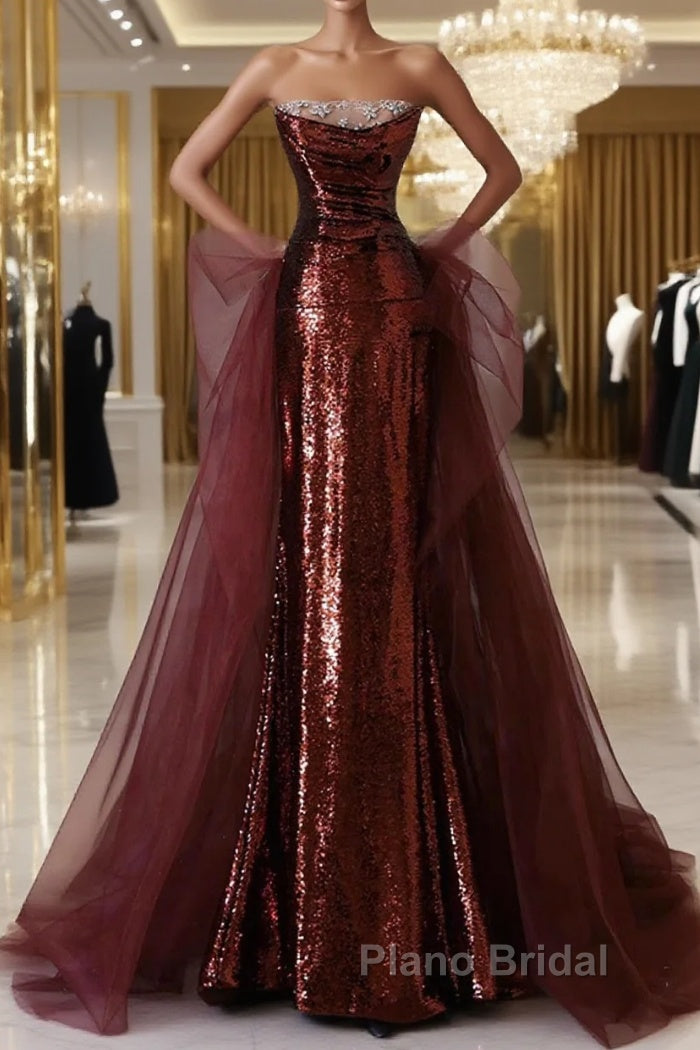 Wine Red Sequins And Tulle Long Formal Dresses, Wine Red Formal Prom Dresses Main image