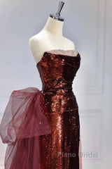 Wine Red Sequins Long Party Dresses With Tulle, Wine Red Long Formal Dresses Formal Prom Dresses