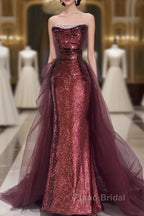 Wine Red Sequins Long Party Dresses With Tulle, Wine Red Long Formal Dresses Formal Prom Dresses