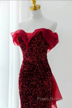 Wine Red Sequins Mermaid Long Party Dresses, Off Shoulder Sweetheart Formal Prom Dresses
