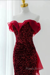 Wine Red Sequins Mermaid Long Party Dresses, Off Shoulder Sweetheart Formal Prom Dresses