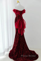Wine Red Sequins Mermaid Long Party Dresses, Off Shoulder Sweetheart Formal Prom Dresses