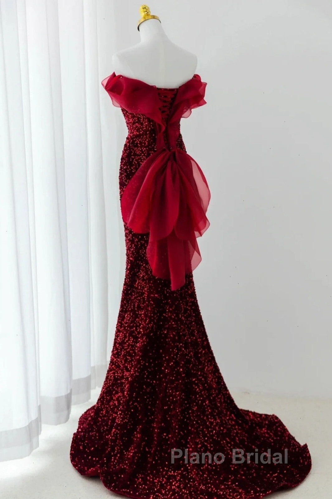 Wine Red Sequins Mermaid Long Party Dresses, Off Shoulder Sweetheart Formal Prom Dresses