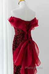 Wine Red Sequins Mermaid Long Party Dresses, Off Shoulder Sweetheart Formal Prom Dresses