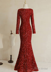 Wine Red Sequins Mermaid Long Sleeves Party Dress, Wine Red Long Wedding Party Dress