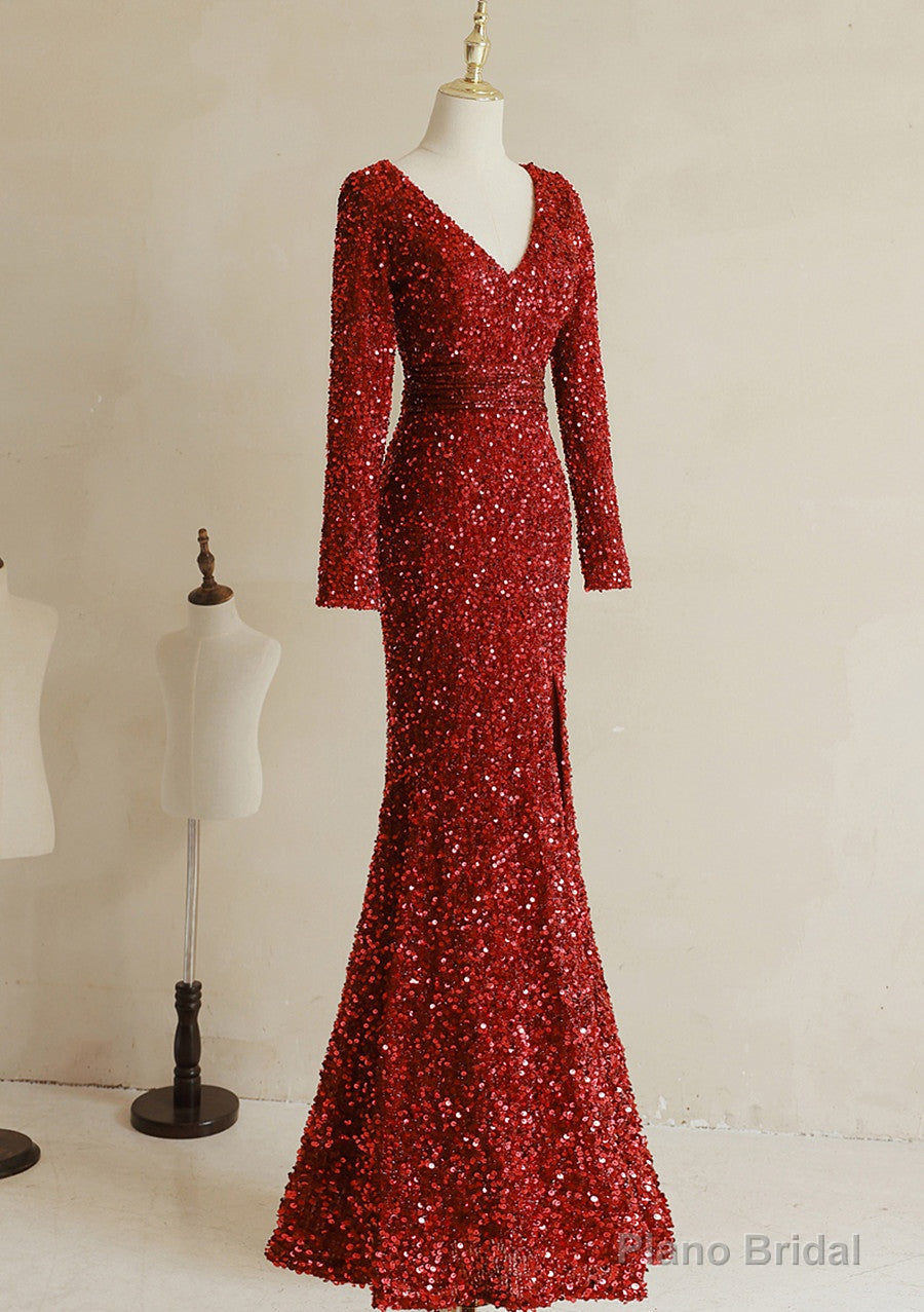 Wine Red Sequins Mermaid Long Sleeves Party Dress, Wine Red Long Wedding Party Dress