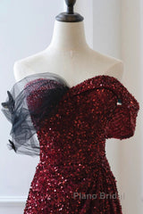 Wine Red Sequins Off Shoulder Long Party Dresses, A-Line Sequins Formal Prom Dresses