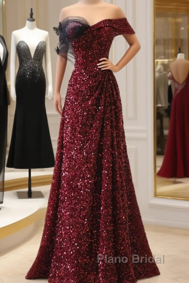 Wine Red Sequins Off Shoulder Long Party Dresses, A-Line Sequins Formal Prom Dresses Main image