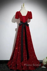 Wine Red Sequins V-Neckline Short Sleeves Party Dresses, Wine Red Evening Dresses