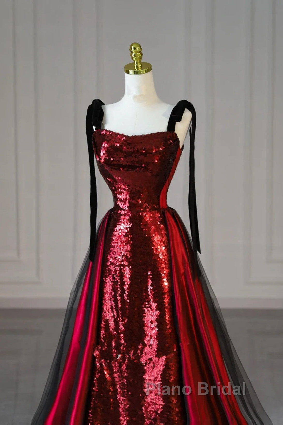 Wine Red Sequins With Black Tulle Straps Long Party Dresses, Wine Red Sequins Formal Prom Dresses Secondary image