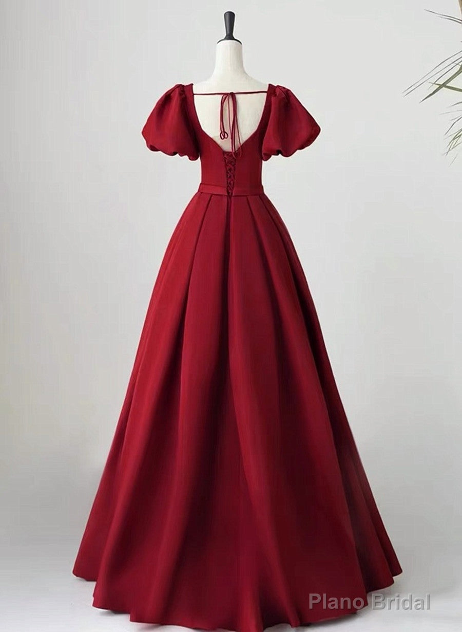 Wine Red Short Sleeves A-line Floor Length Party Dress, Long Prom Dress Secondary image